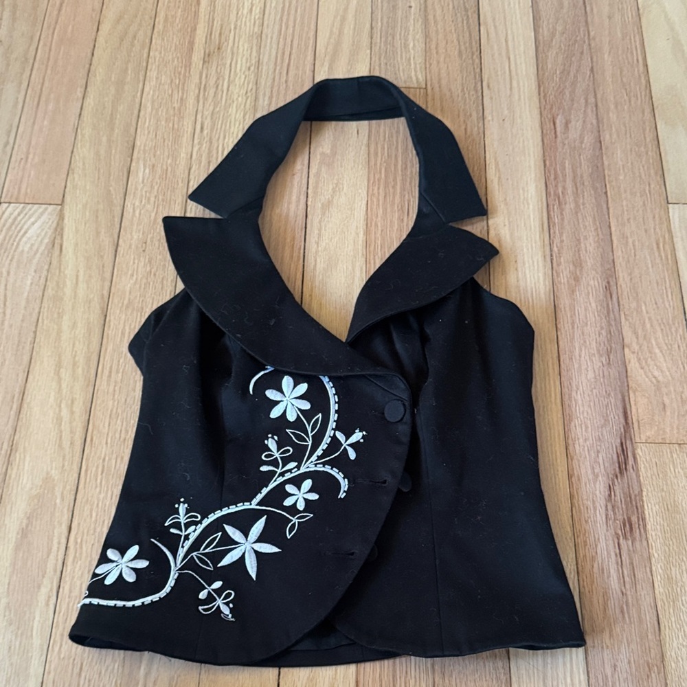 Cache Black Button Down Shirt with White Floral Embroidery